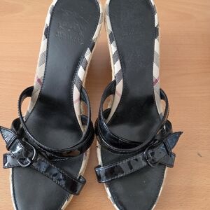 Burberry Black Patent Slide Heels with Check Trim